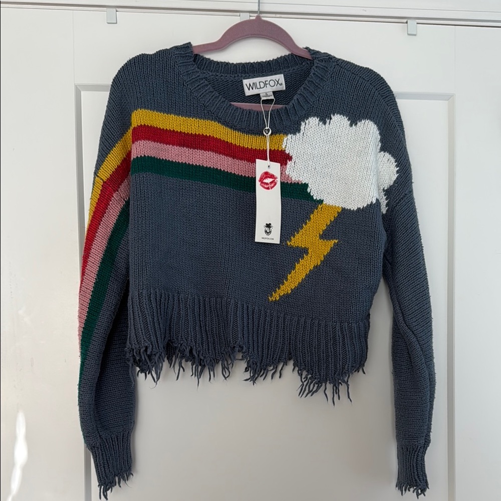 Wildfox Gray and Yellow Crew Neck Sweater with Retro Design